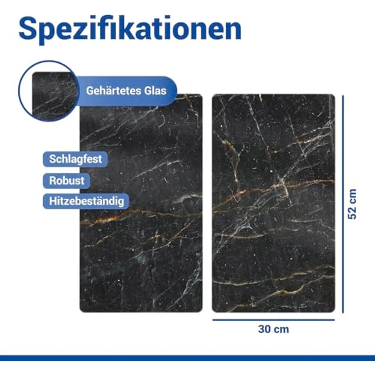 Allstar Glasabdeckplatten Marmor, 2er Set, rutschfeste Herdabdeckung für Glaskeramikkochfelder in Marmor-Optik, praktische Arbeitsflächenerweiterung in der Küche, Gehärtetes Glas, 30 x 52cm, Schwarz – Bild 8