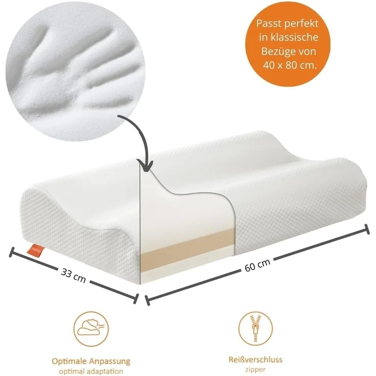 sleepling Nackenstützkissen orthopädisch, Nackenstützkissen, Seitenschläferkissen, Bezug: 59 % Polyester / 41 % Baumwolle, Seitenschläfer, höheneinstellbares Memory Foam Kopfkissen, Antischnarchkissen – Bild 2