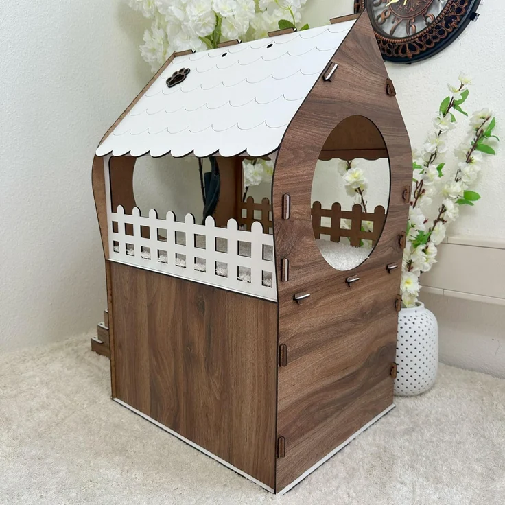 Jungengel Tierhaus Zweistöckiges Katzenhaus aus MDF – Braun & Weiß – in XL, XXL, 3XL, Werkzeugloser Aufbau, Zweistöckig, Balkon mit Rundfenster – Bild 5