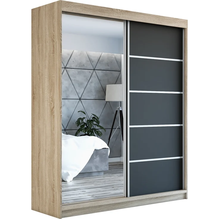 Schwebetürenschrank GAP 2-türig Schrank 180 cm (mit Spiegel) Farbe: Sonoma , schwarz – Bild 1