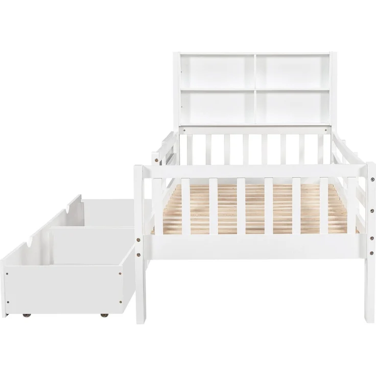 Kinderbett mit Rausfallschutz, Lattenrost und Schubladen, 90x200 cm, Jugendbett, Kiefer – Bild 9