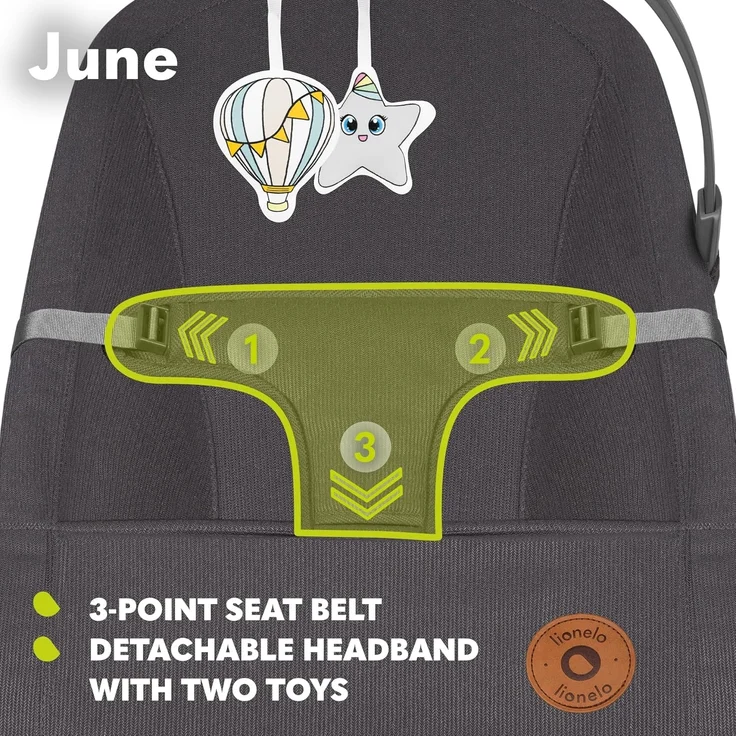 Lionelo June Babywippe für Neugeborene bis 9 kg, bequemer Stuhl mit natürlicher beruhigender Bewegung, ergonomische Rückenstütze, 3-Punkt-Sicherheitsgurt, weiches atmungsaktives Gewebe, leicht & – Bild 3