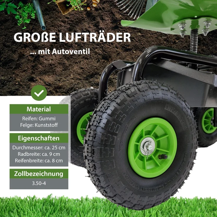 Gartenscooter mit Ablage Stahl 150 kg Sitzhöhe 44-52 cm Sitz 360° drehbar Lufträder in Schwarz-grün – Bild 5