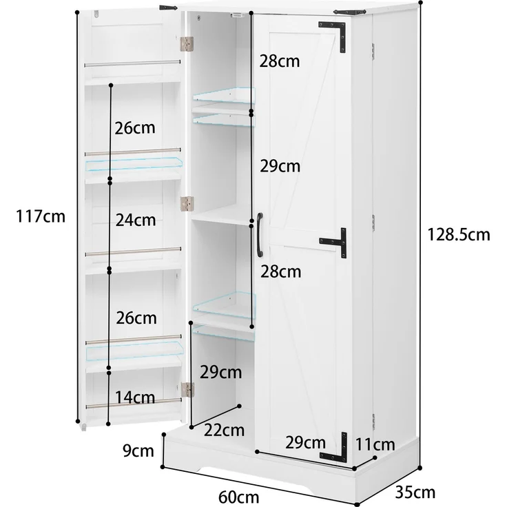 EINHOM 128, 5 cm großer Küchenschrank, Bauernhaus-Aufbewahrungsschrank – LED-Speiseschrank mit 2 Flügeltüren und verstellbaren Regalen für kleine Räume im Esszimmer oder Wohnzimmer, Weiße Tiefdruckstruktur – Bild 2