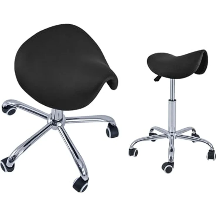 Quirumed Pony-Hocker mit 5 Rädern, Chromgestell, Schwarze Farbe, Kunstlederpolsterung, höhenverstellbar, leicht, ergonomisches Design, drehbar, bis zu 150 kg – Bild 3