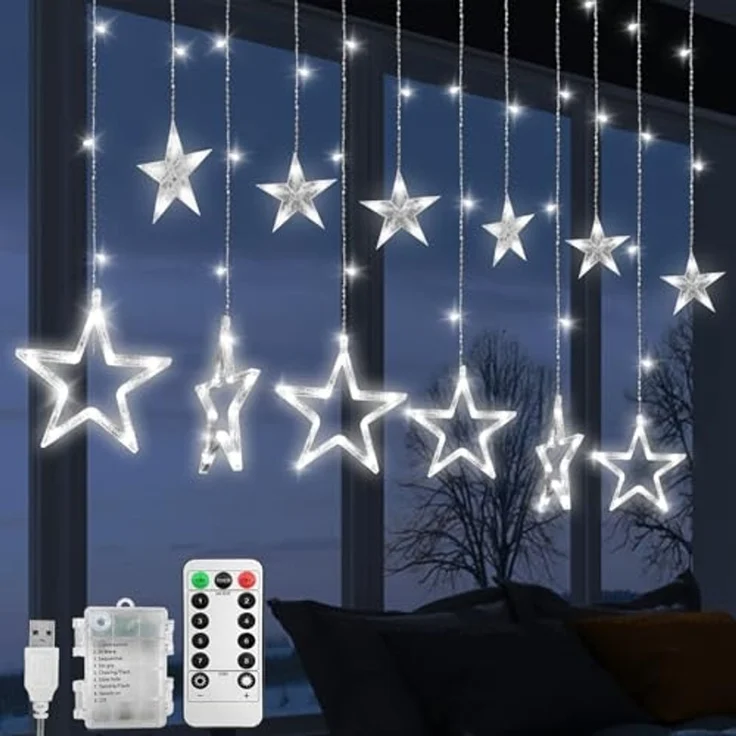 Lichterkette Sterne, 138 LEDs 2.5m Weihnachtslichterkette, Lichterkette Innen/Außen, Wasserdicht Weihnachtsbeleuchtung mit 12 Sterne und 8 Modi, Weihnachtsdeko Für Fenster, Balkon (A - Kaltweiß)