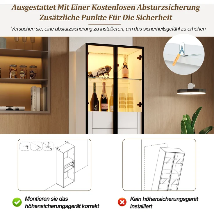 60*40*160cm Schrank,Vitrine Schranktür aus gehärtetem Glas,Vitrine Lagerschrank mit LED,2Glasboden,2Schubladen,Highboard,Wohnzimmerschrank,Aufbewahrungsschrank,Hochschrank,Sofaschrank,Weiß – Bild 9