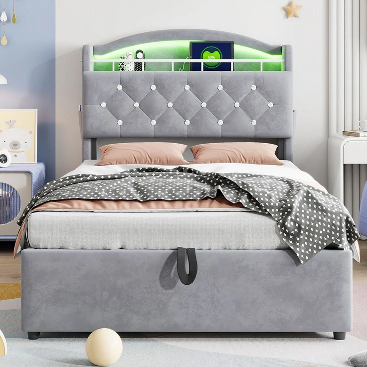 Kinder Polsterbett 90x200, Samt Einzelbett Multifunktionsbett mit Stauraum mit LED und USB Grau – Bild 3