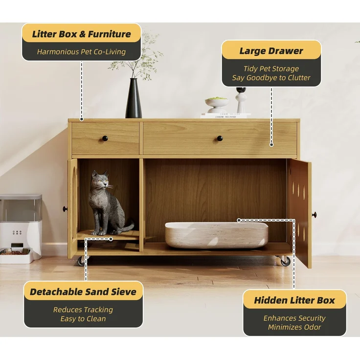 Katzenkloschrank (bewegliche Katzentoilette) – Katzenschrank/Katzenhaus mit abnehmbare Sandablassplatte, geruchsisoliert, ohne Katzenklo, 100×45×66 cm (Naturholzfarbe, Gelbmaplefarbe) – Bild 9