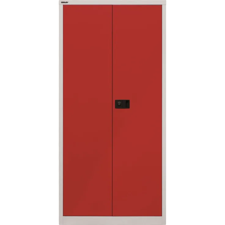 BISLEY Universal Flügeltürenschrank abschließbar - Stahlschrank mit 3-Punkt-Schloss & Flügeltüren - Aktenschrank aus Metall mit 4 Fachböden für 5 Ordnerhöhen - Farbe: lichtgrau/kardinalrot, E782A04-506