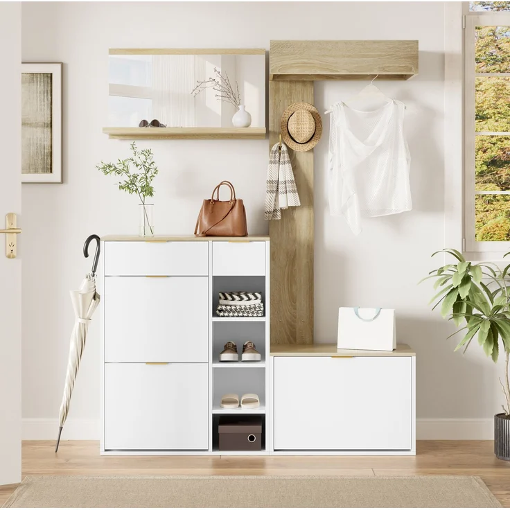CHICFURN Schrank 130x174x30 cm, 4-tlg. Garderoben-Set mit Schuhschrank und Sitzbank Natur+Weiß – Bild 1