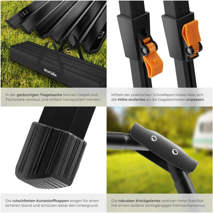 tectake® Campingtisch, Klapptisch aus Aluminium, aufrollbare XXL Tischplatte, Campingtisch faltbar, Reisetisch, Gartentisch, wetterfest, höhenverstellbare Beine, Tragetasche, 120x70,5 cm - schwarz – Bild 3