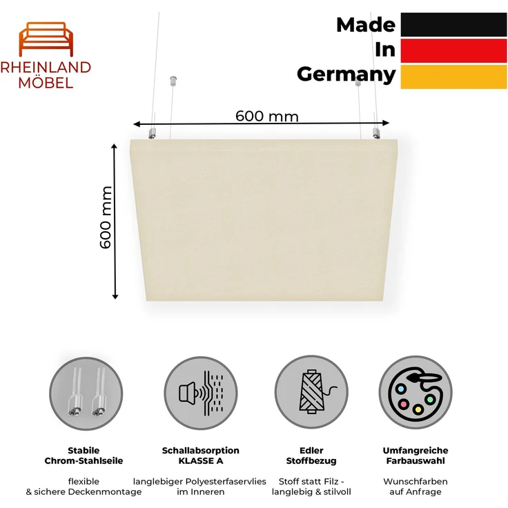 Rheinland Möbel FocusWall DAQ0606 – Quadratischer Akustik-Deckenabsorber 60×60 cm in Stofffarbe Oyster inkl. Chrom-Stahlseilen - Made in Germany - Klasse A, Stoffbezug, schwer entflammbar – Bild 2