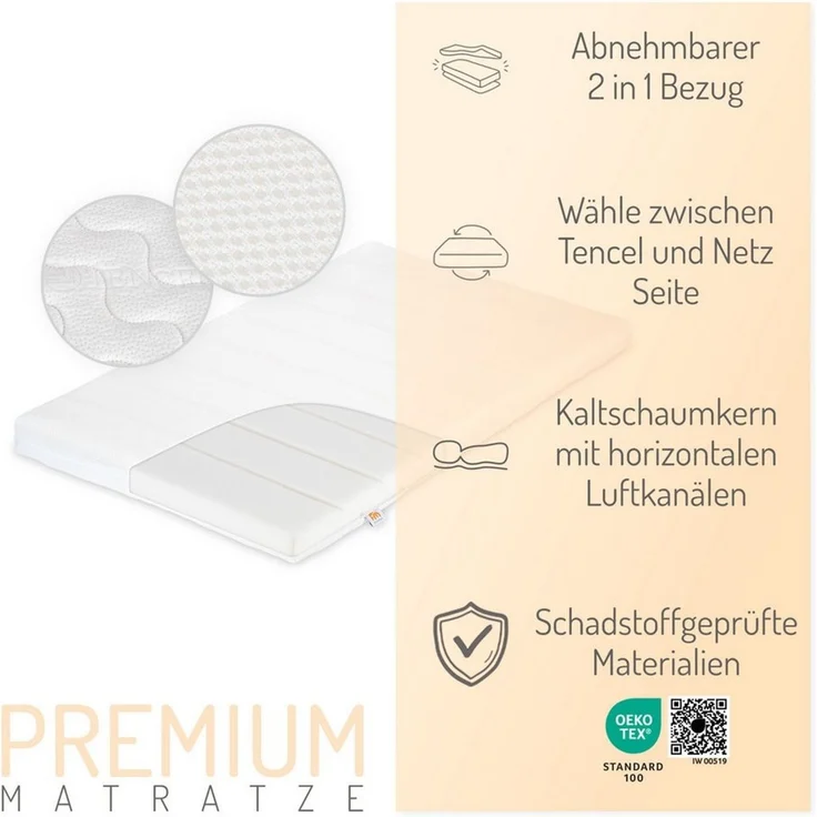FabiMax Premium Matratze für Beistellbett und Wiege 90x55 cm, aus Kaltschaum, mit innovativem 2 in 1 Bezug – Bild 2
