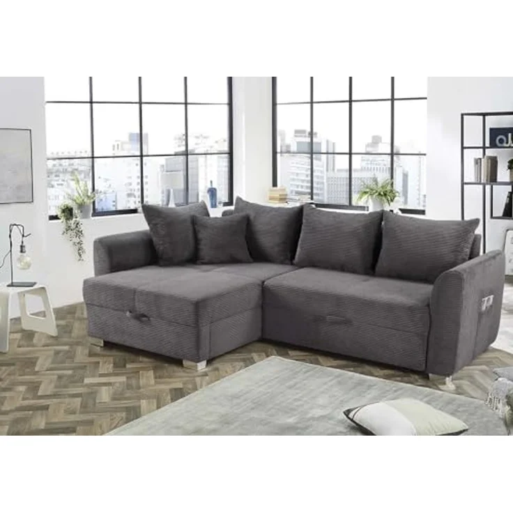 Ecksofa L-Form Couch Polsterecke Schlaffunktion Bettkasten Cord Dunkelgrau – Bild 7