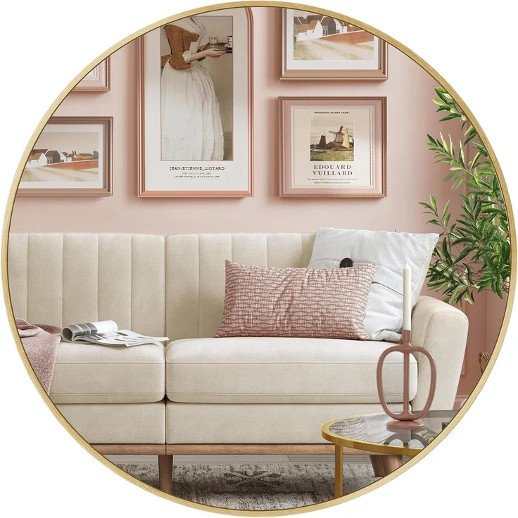 SONGMICS 61 cm d Spiegel rund, runder Spiegel, Wandspiegel, Metallrahmen, einfache Montage, modern, für Bad, Wohnzimmer, Schlafzimmer, Flur, Eingangsbereich, metallisches Gold LWM102AB03 – Bild 1