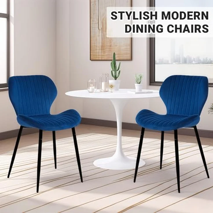CangLong Mid-Century-Moderne Esstühle im 2er-Set, Polsterküchenstühle für Esszimmer, Samt-Bequemstuhl mit Metallbeinen, für Küche, Essbereich, Wohnzimmer, Blau – Bild 4