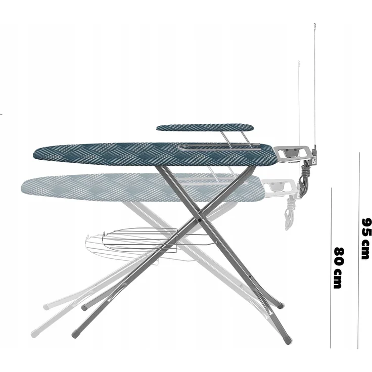 KADAX Bügelbrett 120x38 cm breit, Oberseite mit Steckdose + Handtuch mit Ablage – Bild 3