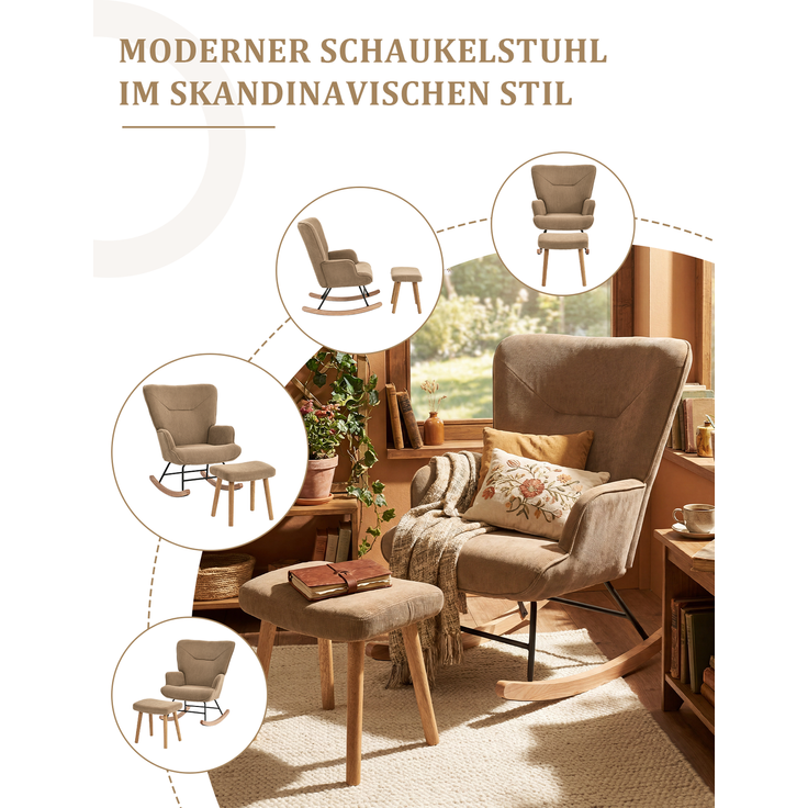 GOEURVANT 5006 Schaukelstuhl mit Hocker (Relaxsessel, Ohrensessel), Feincord - Camel – Bild 10