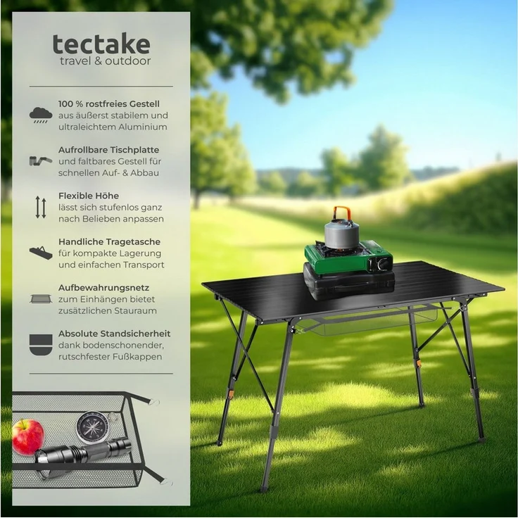 tectake® Campingtisch, Klapptisch aus Aluminium, aufrollbare XXL Tischplatte, Campingtisch faltbar, Reisetisch, Gartentisch, wetterfest, höhenverstellbare Beine, Tragetasche, 120x70,5 cm - schwarz