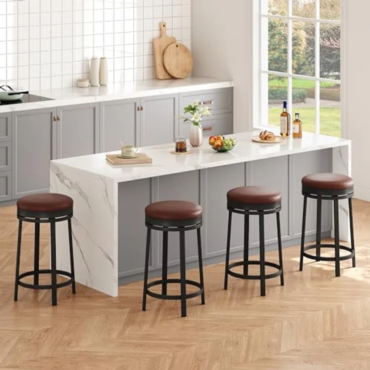 GarveeHome 360°Drehbar Runde Barhocker 2er Set, 62cm Hoch Barstühle mit Fußstütze, Küchenthekenhocker mit PU-Kunstleder und Metallrahmen, Hocker für Bartisch, Küchenstühle für Küche/Bar, Braun – Bild 5