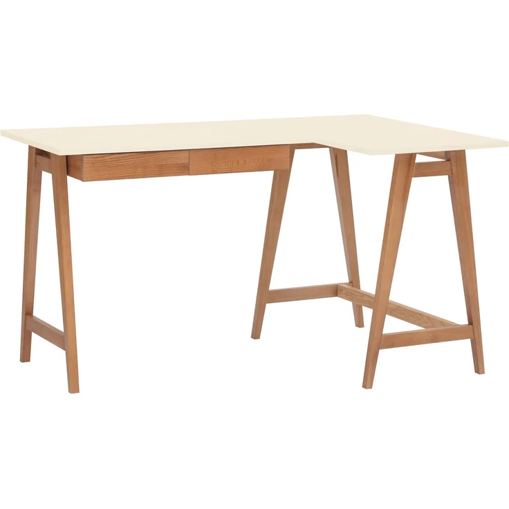 Ragaba Eckschreibtisch mit 2 Schubladen und Fußstütze, MDF & Massives Eschenholz Eichenbeize, 135x85 cm, Perl Weiß, Rechts – Bild 1
