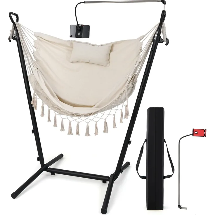 Hängesessel mit Ständer Höhenverstellbarer Hängesitz mit Kissen 152 x 107 x 96-146 cm Beige