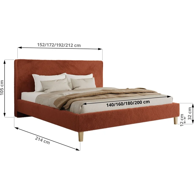 Design Polsterbett LUMARO CLASSIC 180x200 cm mit Lattenrost & 12cm hohen Füßen, Doppelbett mit Kopfteil, Konfigurierbar, Pocket Matratze - Orange Plüsch - VIRE LUX – Bild 4