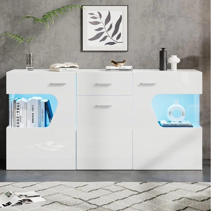 DESVIAE Sideboard Weiß aus MDF – 140x70x33 cm – 3 Türen, Schublade, LED-Beleuchtung
