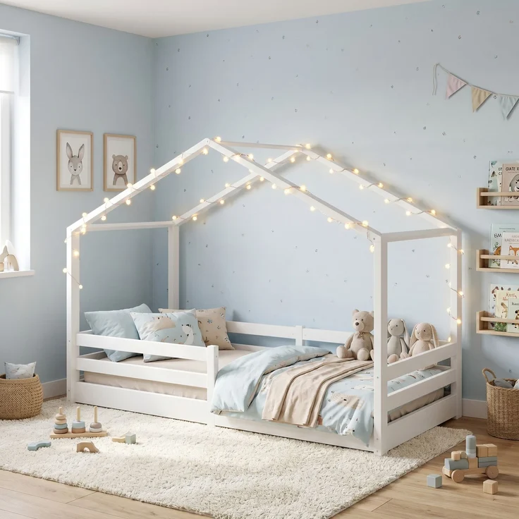 Bellabino 'Abia' Hausbett 90x200 cm mit Matratze, weiß, Kiefer Massivholz, Bodenbett in Hausoptik, Montessori Kinderbett mit Rausfallschutz und Lattenrost – Bild 10