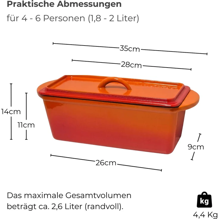 osoltus Brotback Kastenform Set Gusseisen Topf 29cm 2,6 Liter Emaille orange – Bild 3
