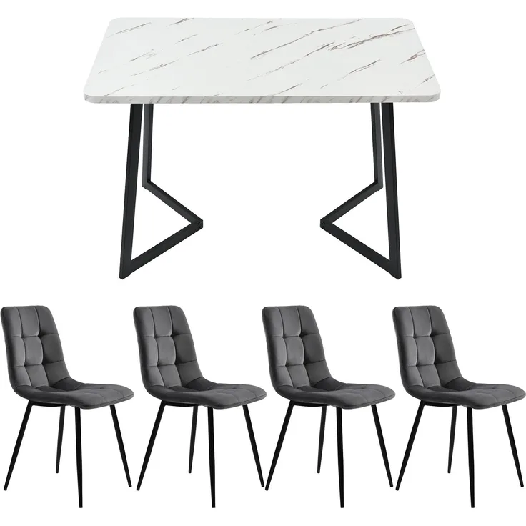 Merax Essgruppe, (Set, 5-tlg, Tisch mit 4 Stühlen), Esstisch und 4 Esszimmerstuhl Set Polsterstühle Küchetisch Marmoroptik, Grau