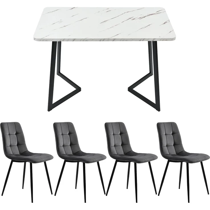 Merax Essgruppe, (Set, 5-tlg, Tisch mit 4 Stühlen), Esstisch und 4 Esszimmerstuhl Set Polsterstühle Küchetisch Marmoroptik, Grau – Bild 1