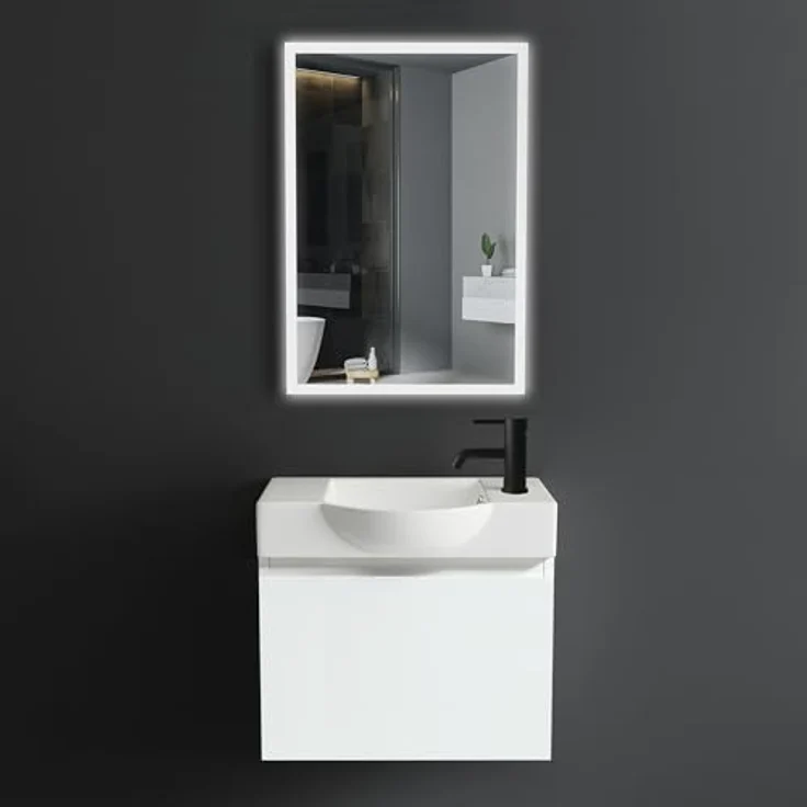 Alpenberger Badmöbel-Set Waschbecken mit Unterschrank 55 cm Breit, (Waschtischunterschrank, Badezimmerschrank Klein), Badschrank Hängend mit Badspiegel – Bild 2