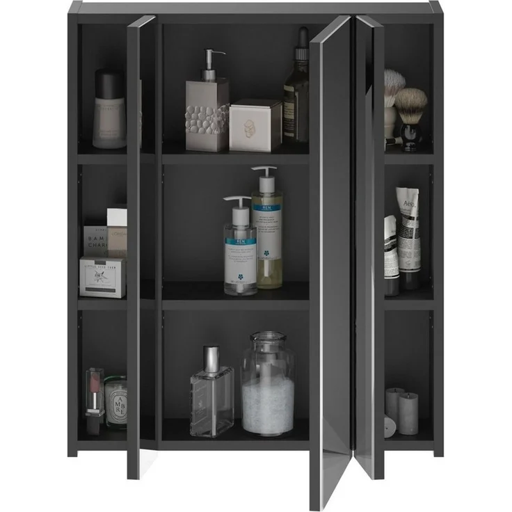 Newroom Spiegelschrank Schwarz Hochglanz 60 cm Spiegelschrank mit Beleuchtung Schwarz Hochglanz Spiegelglas Modern – Bild 2