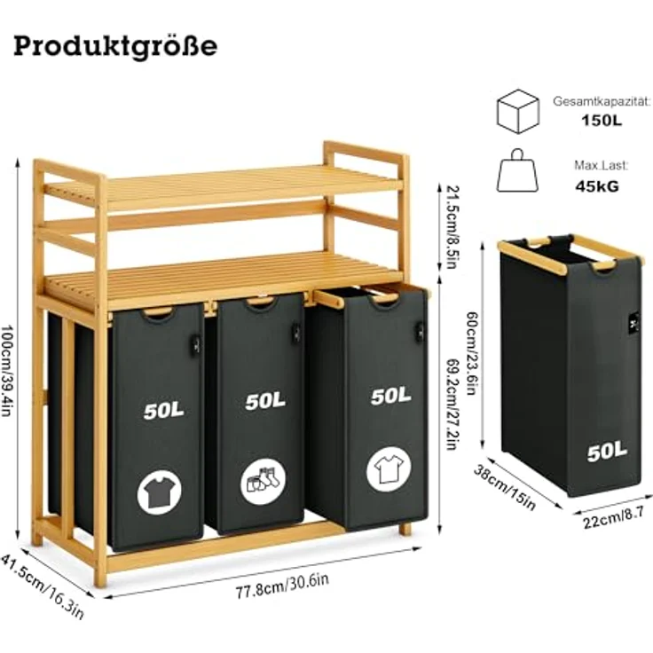AdelDream Wäschekorb 150 l, 3 Fächer, 2 Regale Wäschesortierer – Bild 4