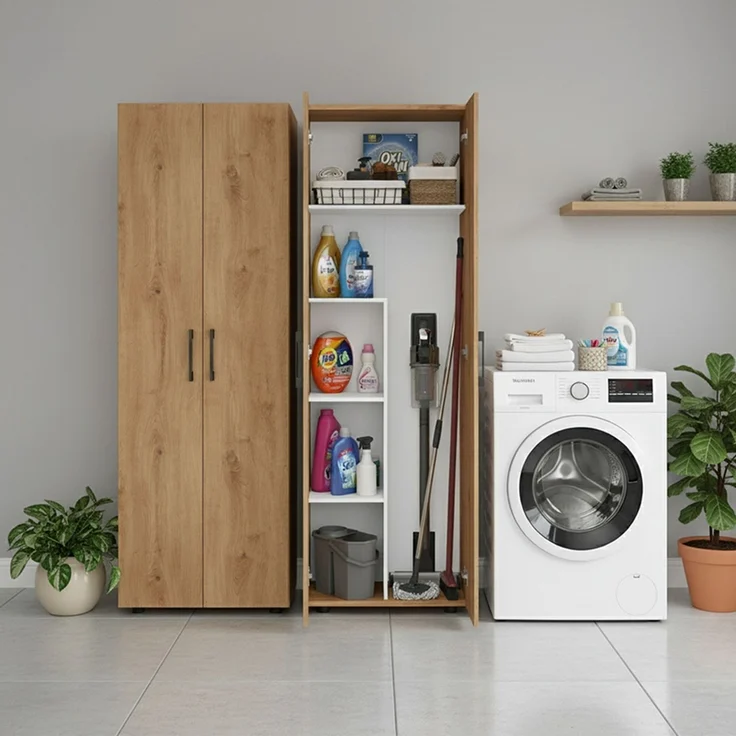 Bellamio 'Apol' Mehrzweckschrank, Eichenoptik, 176x33x60 cm, Besenschrank mit Staubsaugerfach und 4 weiteren Fächern – Bild 2
