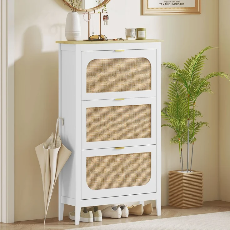 Schuhschrank für 21 Paar Schuhe im Boho-Stil mit 3 Klappschubladen, Türen in Rattan-Optik, 80 x 24 x 131 cm, weiß – Bild 4