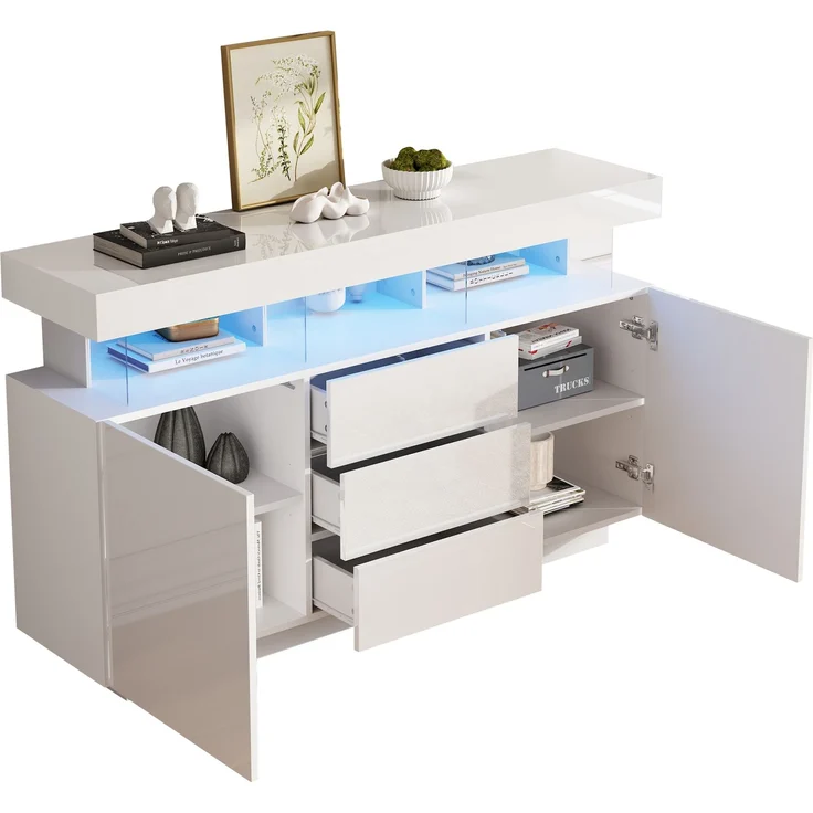 ZUBALIYA Sideboard 140x35x80 cm, mit LED-Beleuchtung, Hochglanz, aus Spanplatte, Weiß – Bild 8