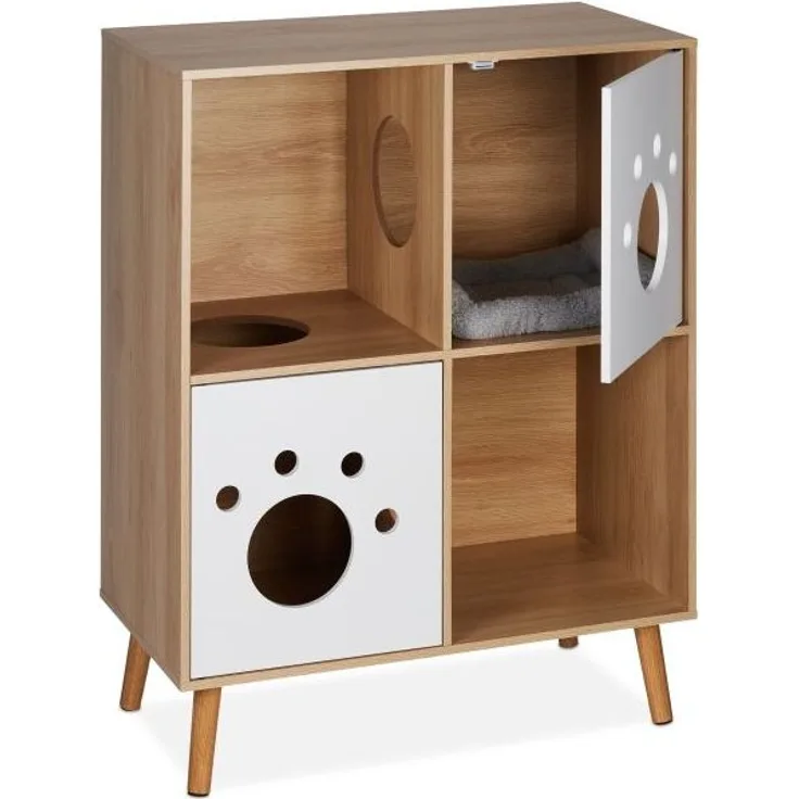 Katzenschrank mit 4 Fächern, Natur Kiefernholz, 96 x 75 x 40 cm