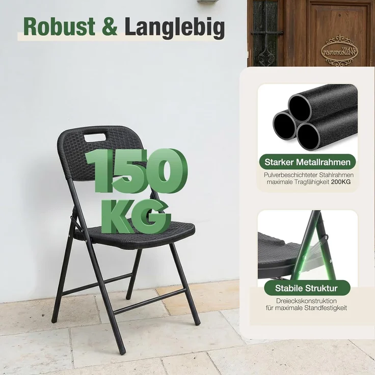 Sekey Klappstuhl 2er Set, Klappstühle aus Kunststoff und Metall, Campingstuhl Gartenstuhl Klappbar bis 150KG, Schwarz Rattanoptik – Bild 5