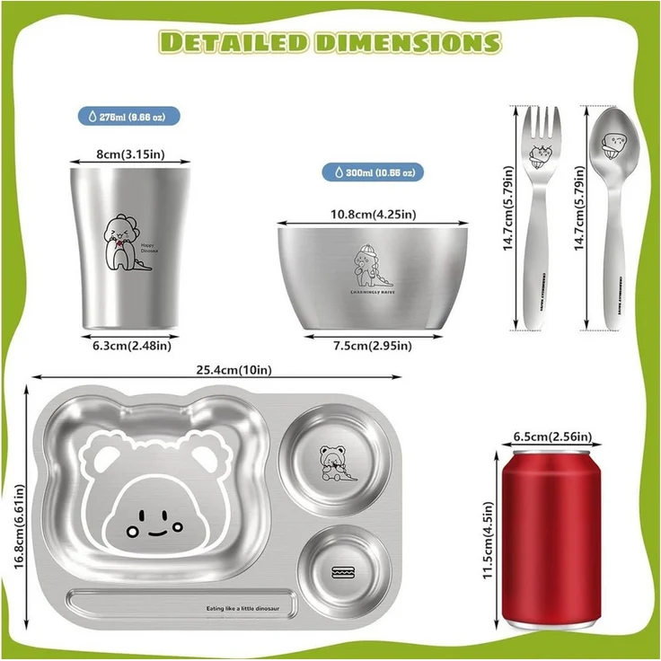 FELIXLEO Kindergeschirr-Set Edelstahl Baby Geschirrset 5 teiliges Kindergeschirr – Bild 2