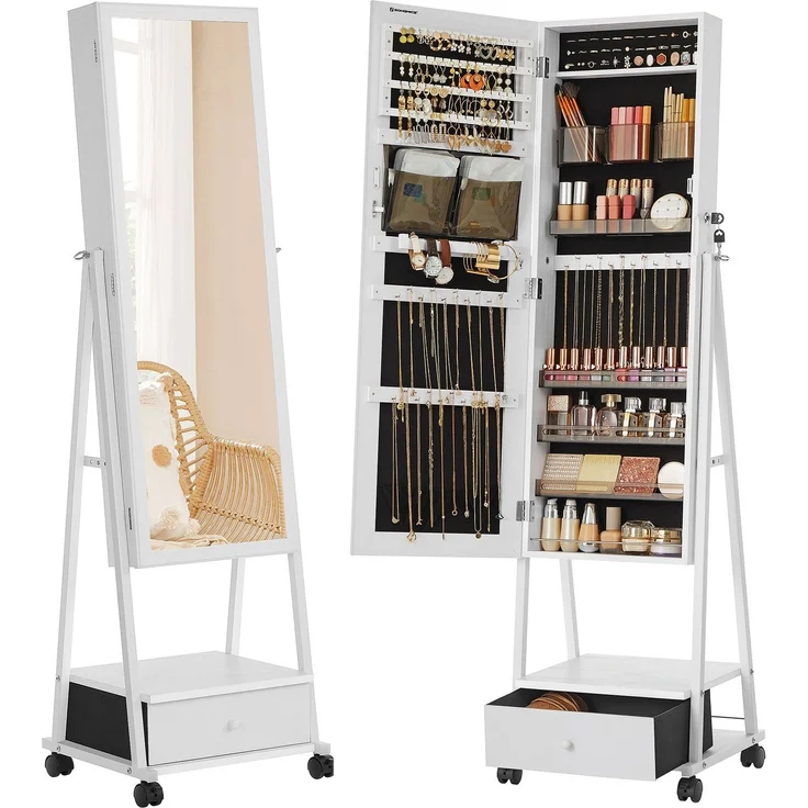 Songmics Schmuckschrank, Ganzkörperspiegel, Spiegelschrank, abschließbarer Schmuckorganizer mit Schublade, Rollen, 41,5 x 37 x 152,5 cm, Weiß – Bild 1