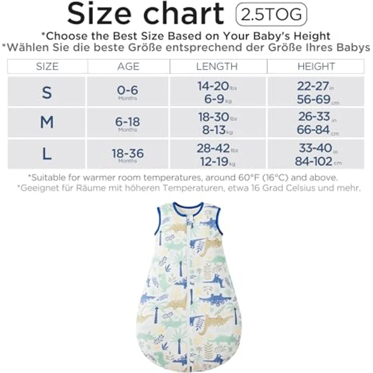 Duomiaomiao 2.5Tog Schlafsack Baby Ganzjahres, 100% Baumwolle Baby Schlafsack Winter, Mädchen Neugeboren,Warmer Schlafsack Neugeborene Kinder(Dinosaurier/70) – Bild 7