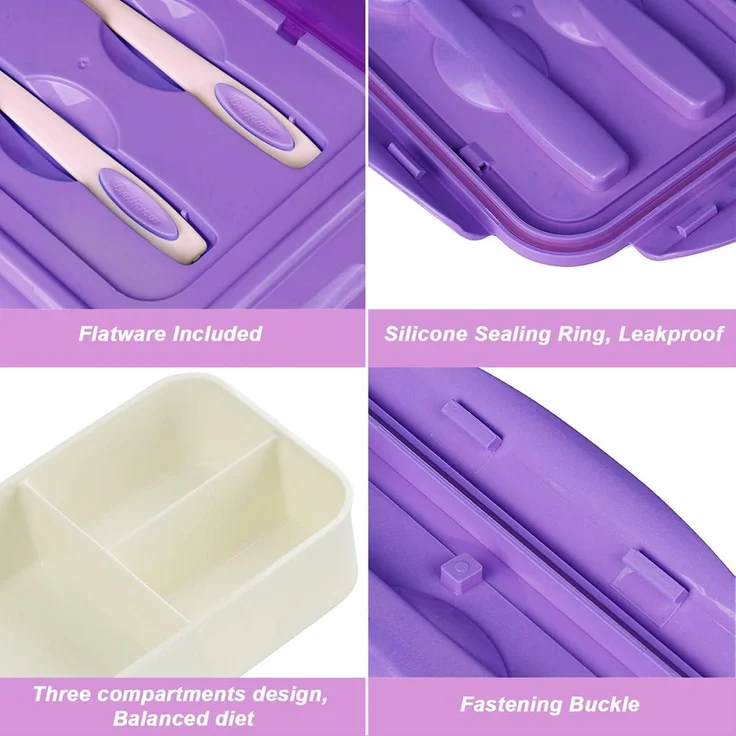Brotdose Bento Box 3 Fächer Besteck auslaufsicher Violett – Bild 2