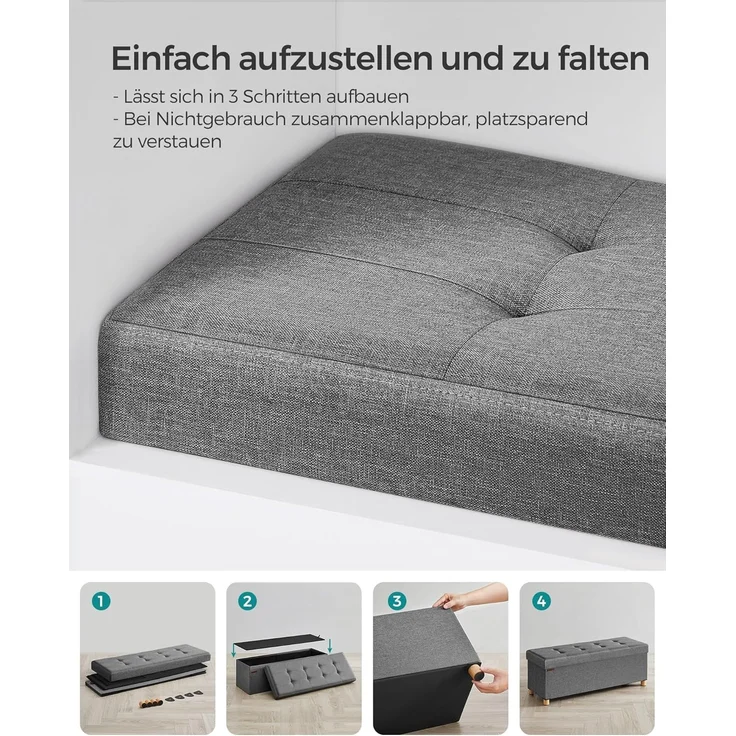 Songmics Sitzbank mit Stauraum, Schuhbank, klappbare Sitztruhe, Aufbewahrungsbox, Fußbank, 38 x 110 x 40 cm, für Wohnzimmer, Schlafzimmer, dunkelgrau – Bild 7