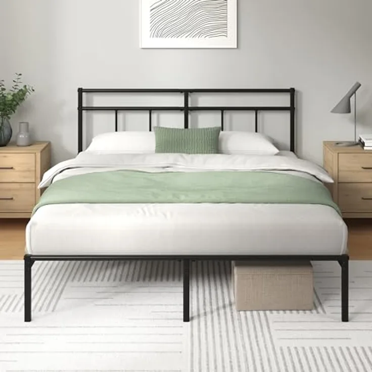 Zinus Elias 140 x 190 cm – Bettgestell aus Metall mit Kopfteil – einfache Montage – Höhe 30 cm – Bett mit Metalllattenhalterung – Stauraum unter dem Bett – modernes Design – Schwarz