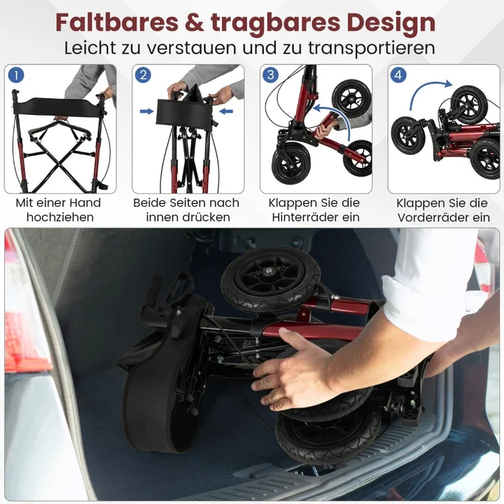 Rollator mit Luftbereifung faltbar und leicht mit Sitz Aluminium bis 140 kg 2 in 1 Rollstuhl Rot – Bild 3