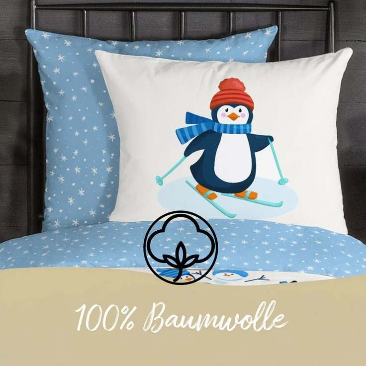 Traumschloss Bettwäsche Comfort Baumwolle, Flanell, 2 teilig, Pinguine und Eisbär im Winterland, Schneeflocken – Bild 3