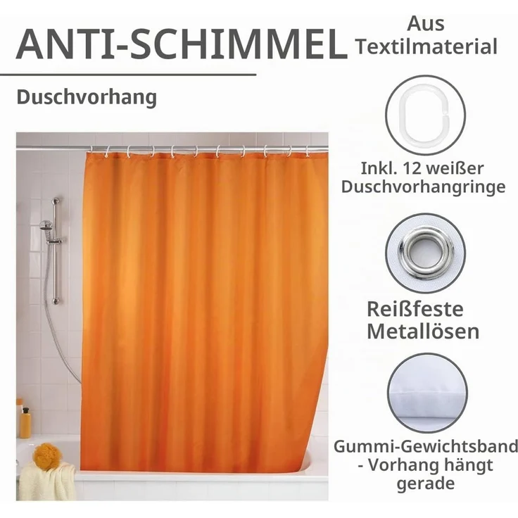 WENKO UNI Duschvorhang 180 x 200 cm, Orange, waschbar – Bild 3